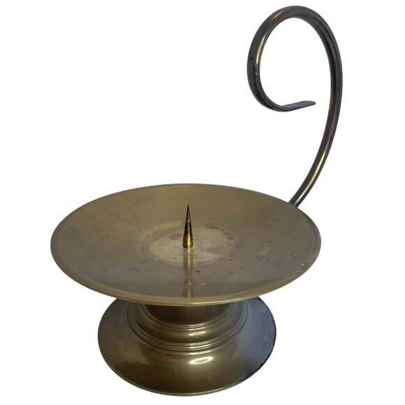 Brass Chamber Pillar Candle Holder Scroll Swirl Handle Colonial Style Vintage - Picture 3 of 7